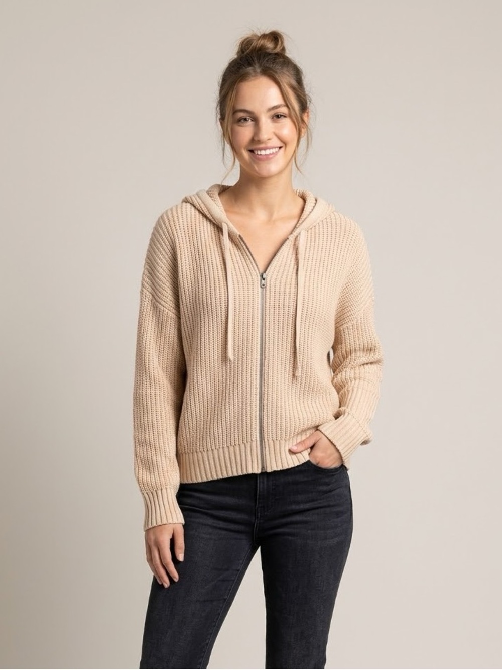 Aerie Women 100% Cotton Cable Knit Hoodies Full Zip Sweater Cardigan Beige Sz L